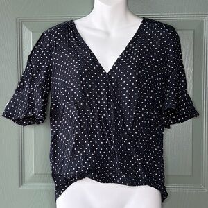 Sanctuary Navy Blue Polka Dot Top Blouse Cross Over Front Ruffle Sleeve XXS BoHo